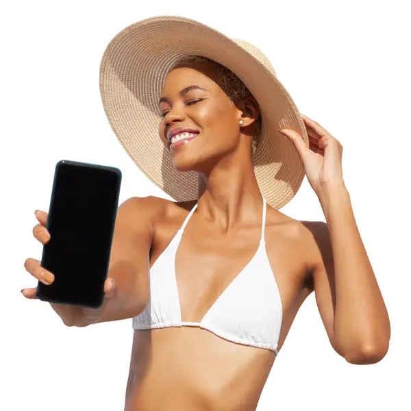 Vacaciones Playa Verano Una Mujer Que Muestra Pantalla Del Teléfono —  Fotos de Stock