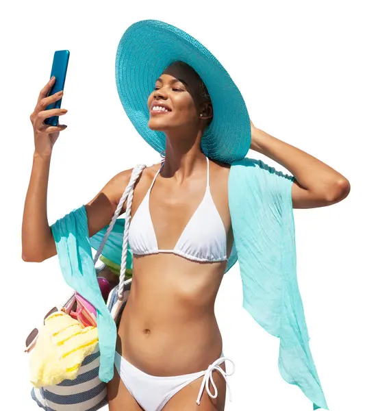 Chica Feliz Vacaciones Playa Verano Con Bikini Sombrero Sol Azul —  Fotos de Stock