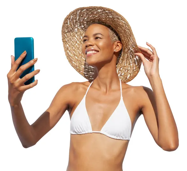 Chica Sonriente Usando Teléfono Móvil Usando Sombrero Sol Bikini Mujer —  Fotos de Stock