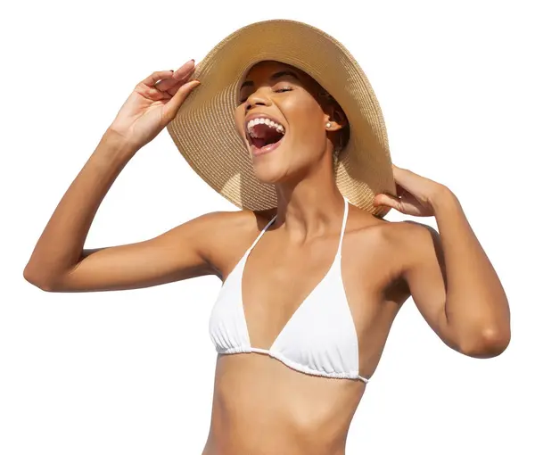 Chica Sonriente Con Sombrero Sol Bikini Mujer Afroamericana Latina Aislada —  Fotos de Stock