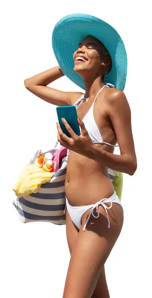 Chica Feliz Vacaciones Playa Verano Con Bikini Sombrero Sol Con —  Fotos de Stock