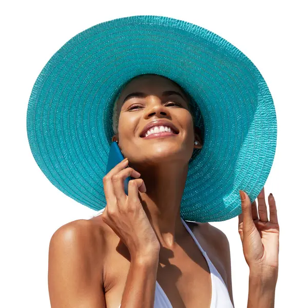 Retrato Mujer Feliz Vacaciones Playa Verano Con Sombrero Sol Azul —  Fotos de Stock