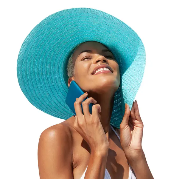 Retrato Mujer Feliz Vacaciones Playa Verano Con Sombrero Sol Azul —  Fotos de Stock