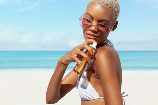 Woman Beach Applying Sunscreen Lotion Skin Care Sun Protection Wearing Stock Image