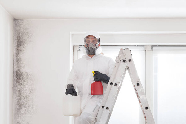 Professional mold removal service: Worker on ladder wearing protective suit, gloves, glasses and respirator mask. Holding spray bottle and jerry can product for Remediation wall before room painting.