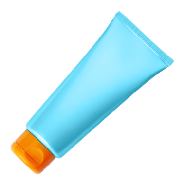 Güneş kremi tüpünün üst görüntüsü, yaz tatilinin özünü sembolize ediyor ve güneş korumanın sağlıklı bronzlaşma ve cilt bakımı için önemini vurguluyor. Beyaz bir arkaplanda izole edilmiş