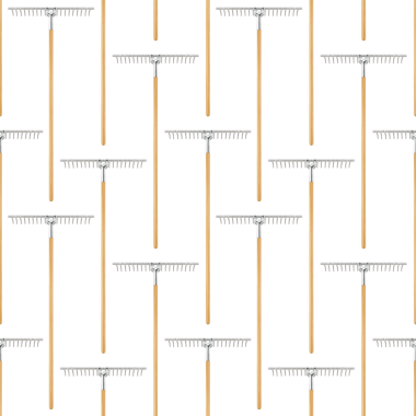 Bahçe aletleri ve bahçe aletleriyle kusursuz desen ahşap saplı tırmık, beyaz arka planda izole üst manzara. Sera ya da bahçe bakımı için paket şablonu.