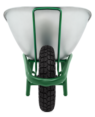 El arabası beyaz arka planda izole edilmiş. Bahçe aletleri sebze bahçesi işi ya da çimenlik ve bitki bakımı için. Bahar konsepti, online alışveriş için reklam afişi