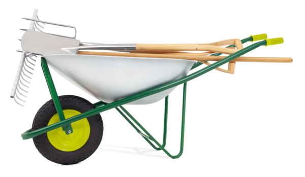 Тачка с рейкой, лопатой и вилкой, изолированная на белом фоне. Оборудование для садоводства, садоводства и садоводства. Весна, баннер для интернет-покупок