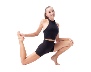 Sanatsal jimnastik eğitimi alan genç bir kadın, esnek ritmik jimnastikçi pozlar veriyor ve beceri ve yetenek gösteriyor, spor antrenmanı, fitness ve refah konsepti, beyaz arka planda izole edilmiş.