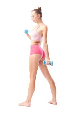 Fitness egzersizi için küçük dambıllarla duran genç bir kadın. Sağlıklı yaşam tarzı, dayanıklılık eğitimi, sağlık ve aktif yaşam konsepti. Arka plan görünümü beyaz arkaplanda izole edildi