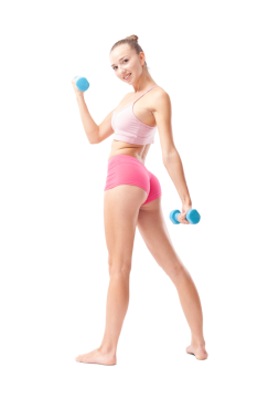 Spor yapmak için küçük dambılları olan gülümseyen genç bir kadın. Sağlıklı yaşam tarzı, dayanıklılık eğitimi, sağlık ve aktif yaşam konsepti. Arka plan görünümü beyaz arkaplanda izole edildi