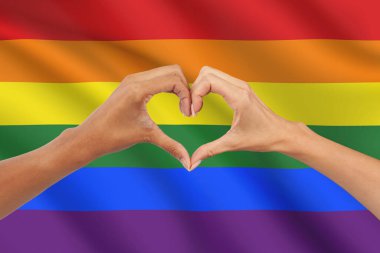 Irklar arası bir kadının yakınlaşması kalp şeklini oluşturan çiftlerin elleri. LGBTQ gurur, sevgi, ırksal çeşitlilik, dahil etme, eşitlik ve insan haklarının sembolü. Gökkuşağı arkaplanında izole edilmiş