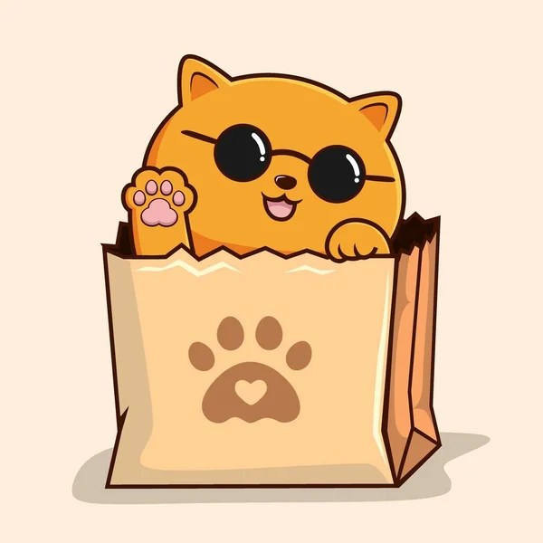 Cat Paper Bag Cute Orange Cat Peekaboo Shopping Bag Waving — Stockvector