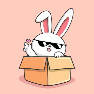 Bunny in the box Cartoon - Cute Rabbit with Love Hand Hiding in the Box