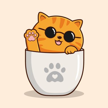 Tabby Orange Cat in Cup - Cute Striped Orange Cat Waving Hand Paws with Glasses