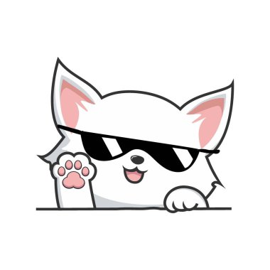 White Cat Waving Paws Hand - Cute White Pussy Cat with Sunglasses
