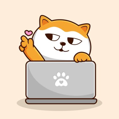 Cat Playing Laptop Vector - White Orange Pussy Cat Play Laptop