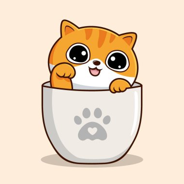 Tabby Cat in Mug Illustration - Orange Striped Pussy Cat Kawaii Hiding in Cup Mug