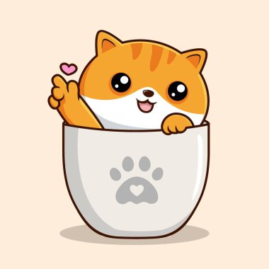 Tabby Cat in Mug Love Finger Illustration - Orange Striped Pussy Cat Hiding in Cup Mug