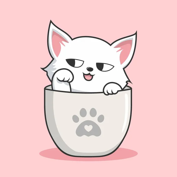 Cat Mug Cute White Pussy Cat Play Cups Mug Vector — Vettoriale Stock