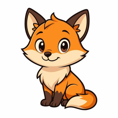 Sevimli çizgi film tilkisi oturuyor, kocaman gözleri var, neşeli bir havası var.