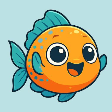 Neşeli çizgi film balıkları mavi arka planda yüzer.