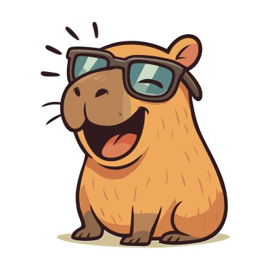 Çizgi film Capybara maskotu güneş gözlüğü takıyor. Kocaman bir gülümseme.