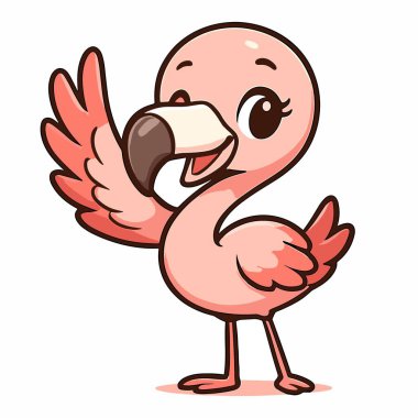 Flamingo karikatür, neşeli dalgalar, gülümseyen maskot çizimleri.