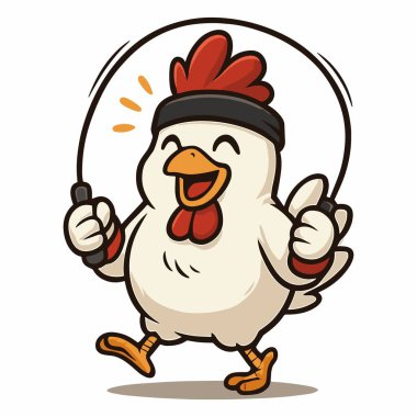 Çizgi filmdeki tavuk atlama sporu sevimli tavuk maskotu çizimleri.
