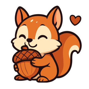 Neşeli sincap çizgi filmi meşe palamudu çizimlerine sarılıyor.