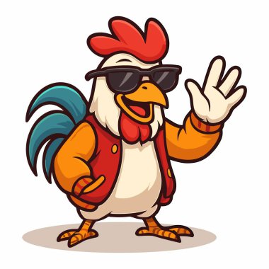 Çizgi film horoz maskotu, güneş gözlüklü havalı.