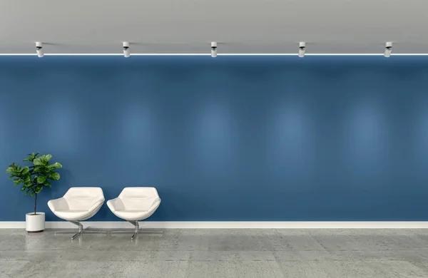 Empty room with empty blue wall chairs and flower for presentation