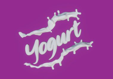 Yougurt 3d text splash milk pink violet background