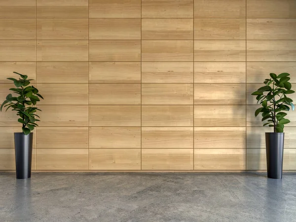 Empty Interior Scene Wood Wall Concrete Floor Flowers —  Fotos de Stock