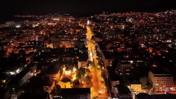 Stara Zagora Bulgaria Calles Nocturnas Vista Drone — Vídeo de stock
