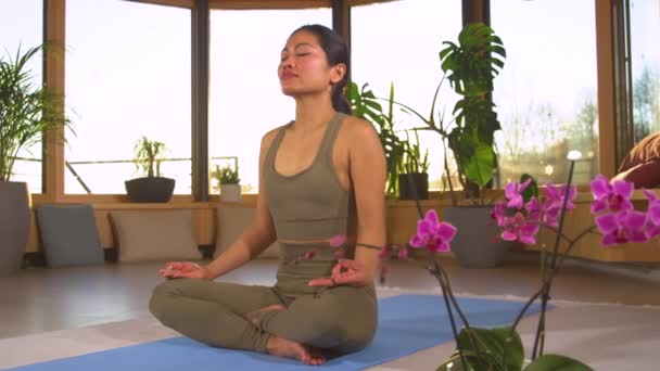 Low Motion Mulher Asiática Jovem Bonita Meditando Ambiente Caseiro Relaxante — Vídeo de Stock