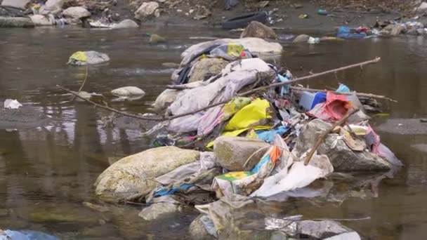川の真ん中の岩の間で発生したゴミの山 川の破片とプラスチックごみの混合物は 川の石の上に積ま 廃棄物管理と環境教育の緊急の必要性 — ストック動画