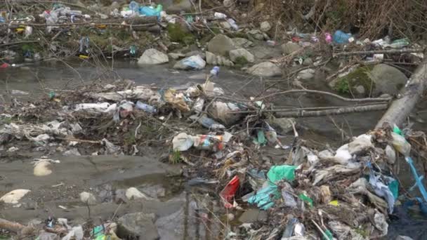 Panning Vista Del Río Que Fluye Rodeado Numerosos Residuos Basura — Vídeo de stock