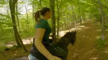 Gülümseyen genç bir kadın yemyeşil ormanda atıyla dörtnala koşuyor. Kırsal bölgeleri keşfederken at arkadaşlığından hoşlanan bir kadın. Ormanda at sürmek için güneşli bir gün..