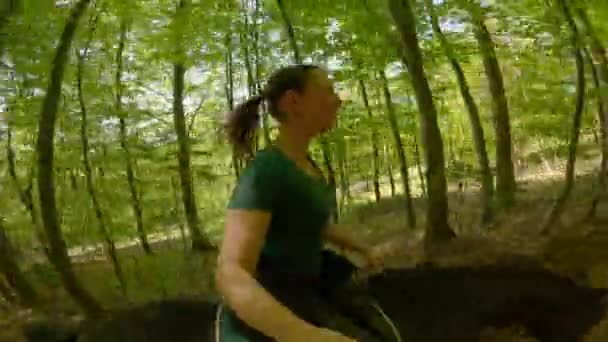 Portrait Woman Enjoys Company Two Brown Horses Gallop Woods Young — Stock Video