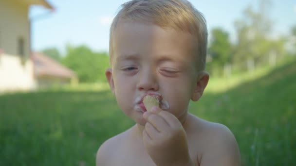 閉じる 夏の日に庭の影にアイスクリームを持つ愛らしい男の子 かわいい幼児は裏庭の日陰の部分でバニラアイスコーンを楽しんでいます 暑い夏の日の完全なリフレッシュ — ストック動画