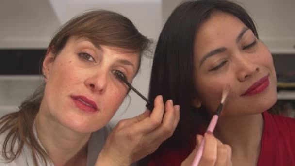 Close Beautiful Women Getting Ready Night Out Finishing Glamourous Make — Stock Video