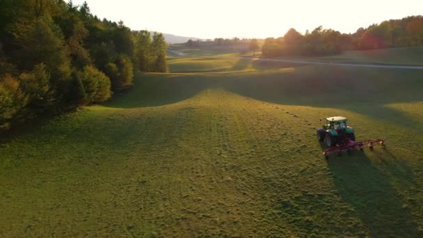 Aerial Hátsó Kilátás Traktor Fordult Kaszált Széna Szénával Tedder Ősszel — Stock videók
