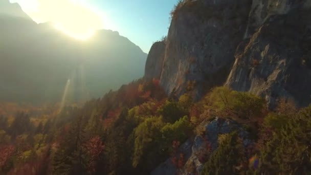 Aérien Falaise Rocheuse Avec Forêt Automne Soleil Regardant Dessus Montagne — Video