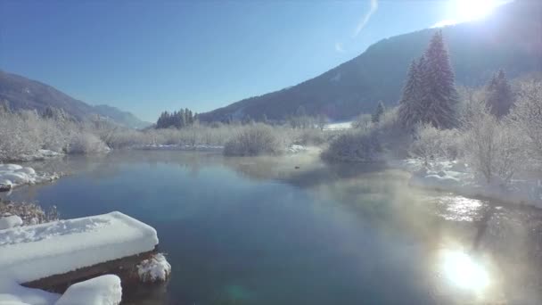 Aerial Zimowa Kraina Czarów Zelenci Springs Pokryta Świeżym Pokryciem Śniegu — Wideo stockowe