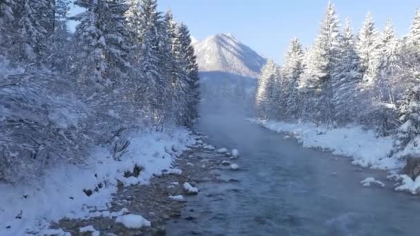 Aerial Río Sava Brumoso Una Fría Mañana Invierno Que Fluye — Vídeos de Stock