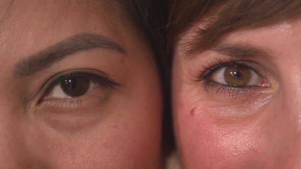 Cerrar Portrait Vista Detallada Los Ojos Marrones Dos Jóvenes Mujeres — Vídeos de Stock