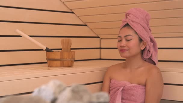 Portrait Atractiva Mujer Asiática Sentada Disfrutando Sauna Finlandesa Madera Tratamiento — Vídeo de stock