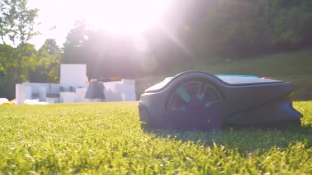 Close Side View Robotic Lawn Mower Trimming Green Grass Modern — Vídeo de Stock